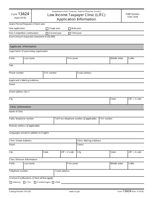 IRS Form 13424 Low Income Taxpayer Clinic (Litc) Application Information