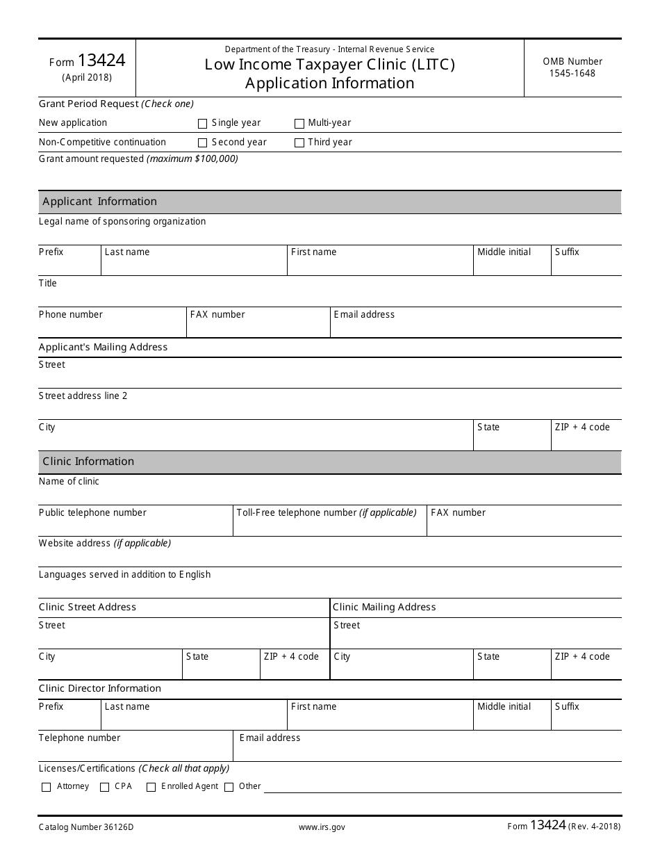 IRS Form 13424 Low Income Taxpayer Clinic (Litc) Application Information, Page 1
