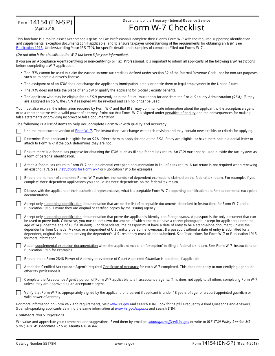 IRS Form 14154 (EN-SP) Form W-7 Checklist (English / Spanish), Page 1