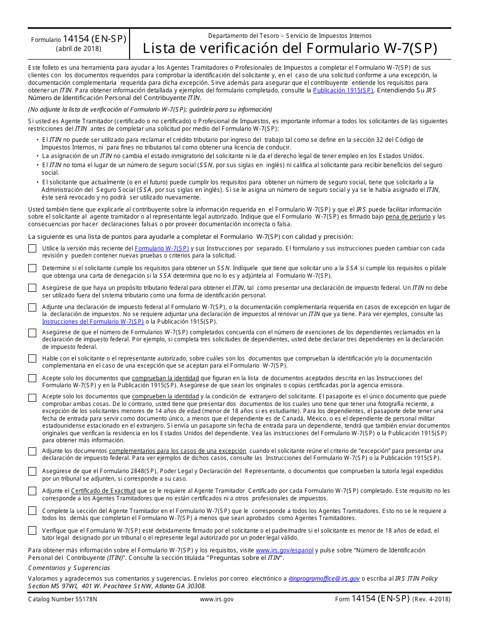 IRS Form 14154 (EN-SP) Form W-7 Checklist (English / Spanish), Page 2