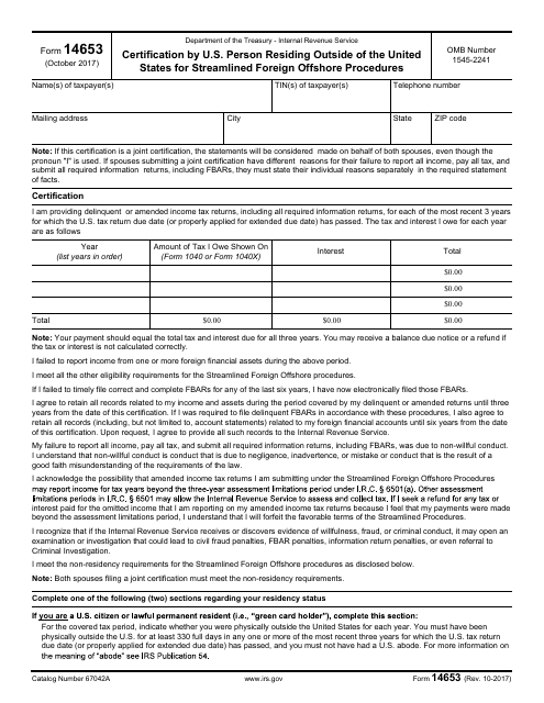 IRS Form 14653 Certification by U.S. Person Residing Outside of the United States for Streamlined Foreign Offshore Procedures