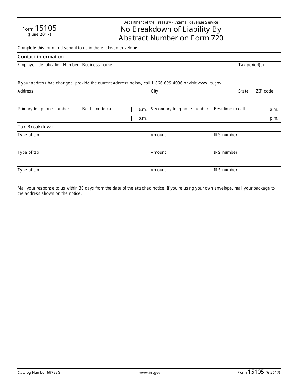 IRS Form 15105 No Breakdown of Liability by Abstract Number on Form 720, Page 1