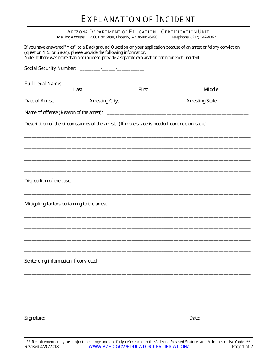 Arizona Explanation of Incident - Fill Out, Sign Online and Download ...