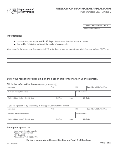 Form AA-33FI Freedom of Information Appeal Form - New York
