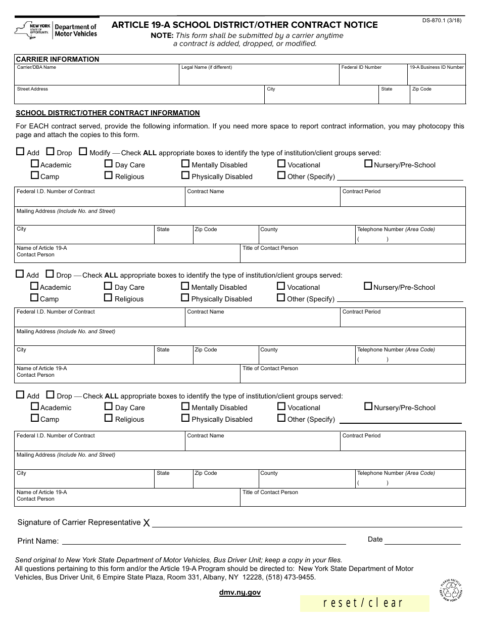 Form DS-870.1 Article 19-a School District / Other Contract Notice - New York, Page 1