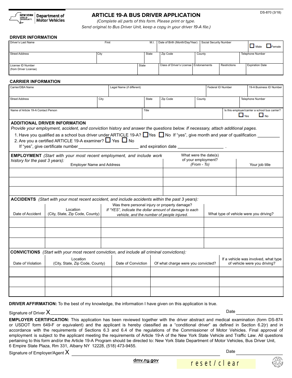Form DS-870 Article 19-a Bus Driver Application - New York, Page 1