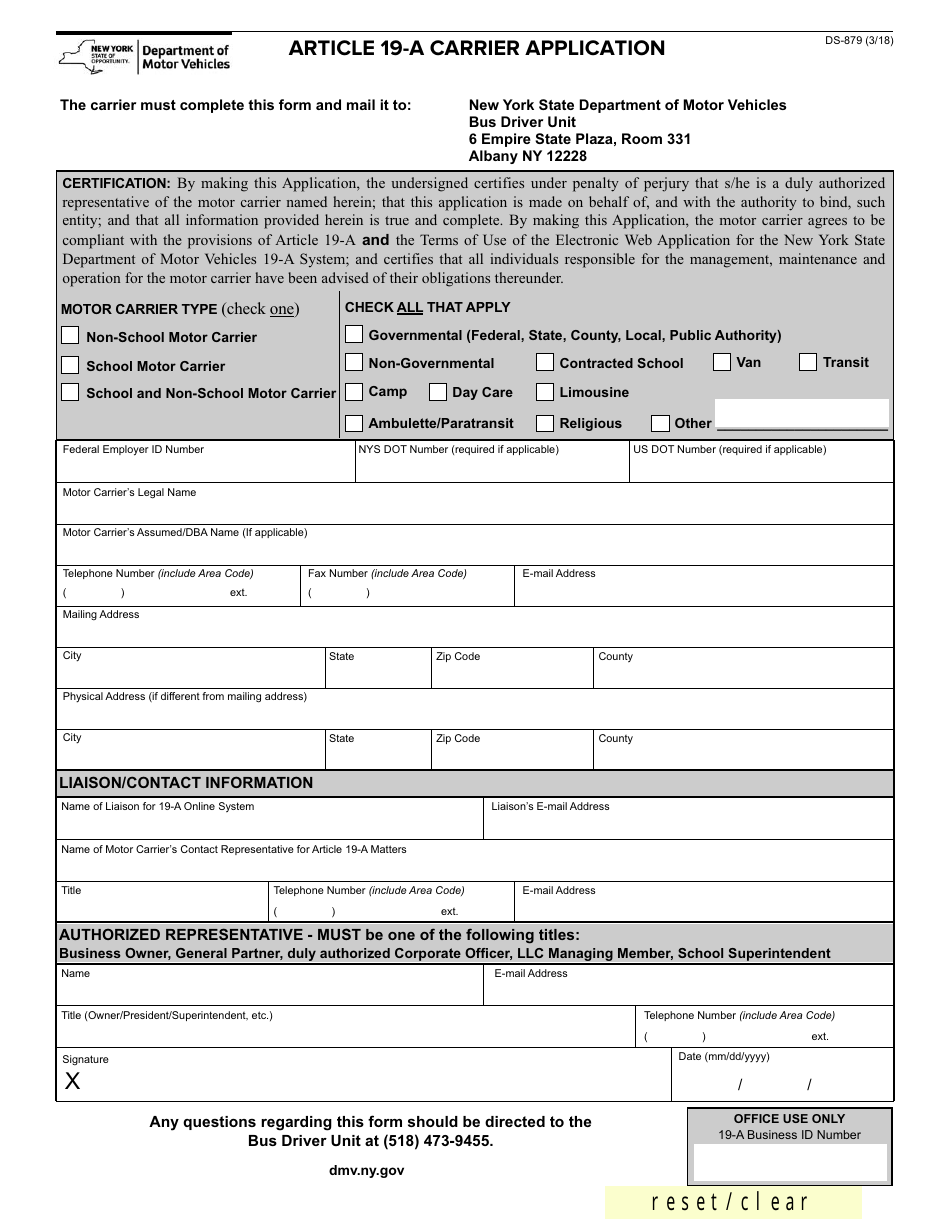 Form DS-879 Article 19-a Carrier Application - New York, Page 1