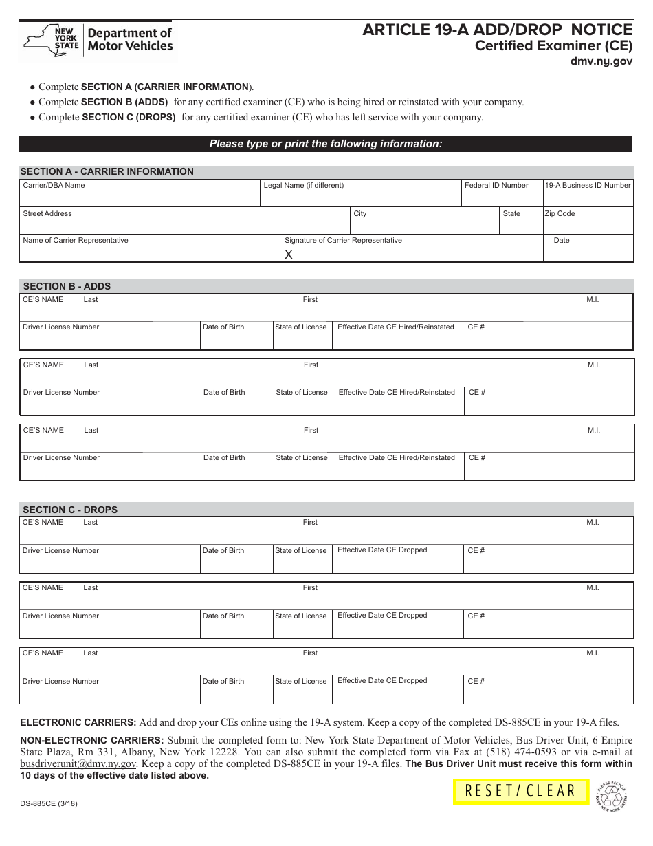 Form DS-885CE Article 19-a Add / Drop Notice Certified Examiner (Ce) - New York, Page 1