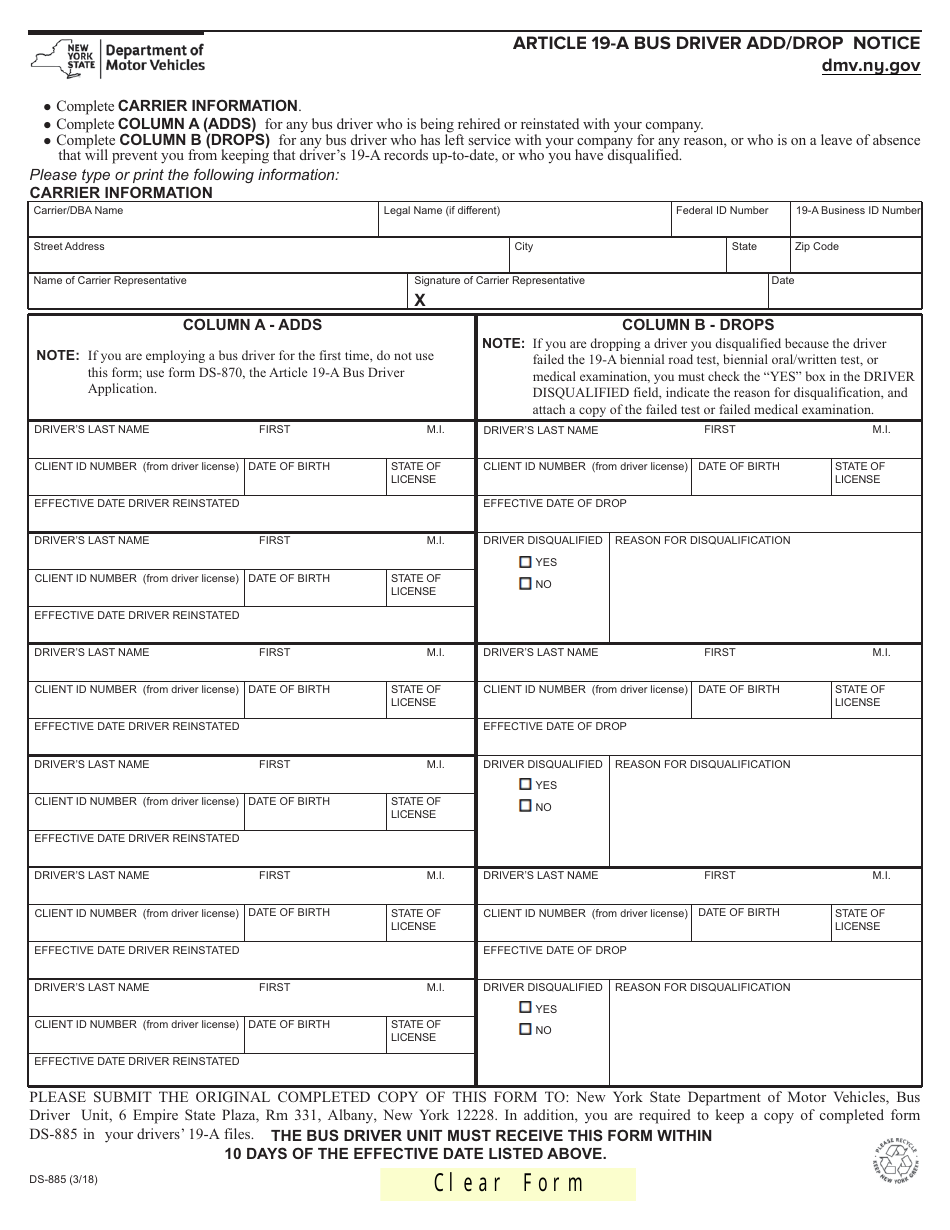 Form DS-885 Article 19-a Bus Driver Add / Drop Notic - New York, Page 1