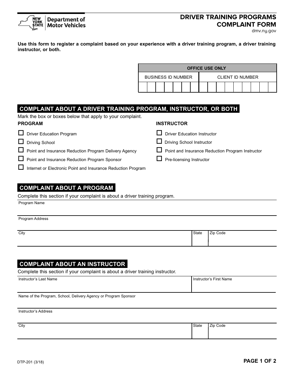 Form DTP-201 Driver Training Programs Complaint Form - New York, Page 1