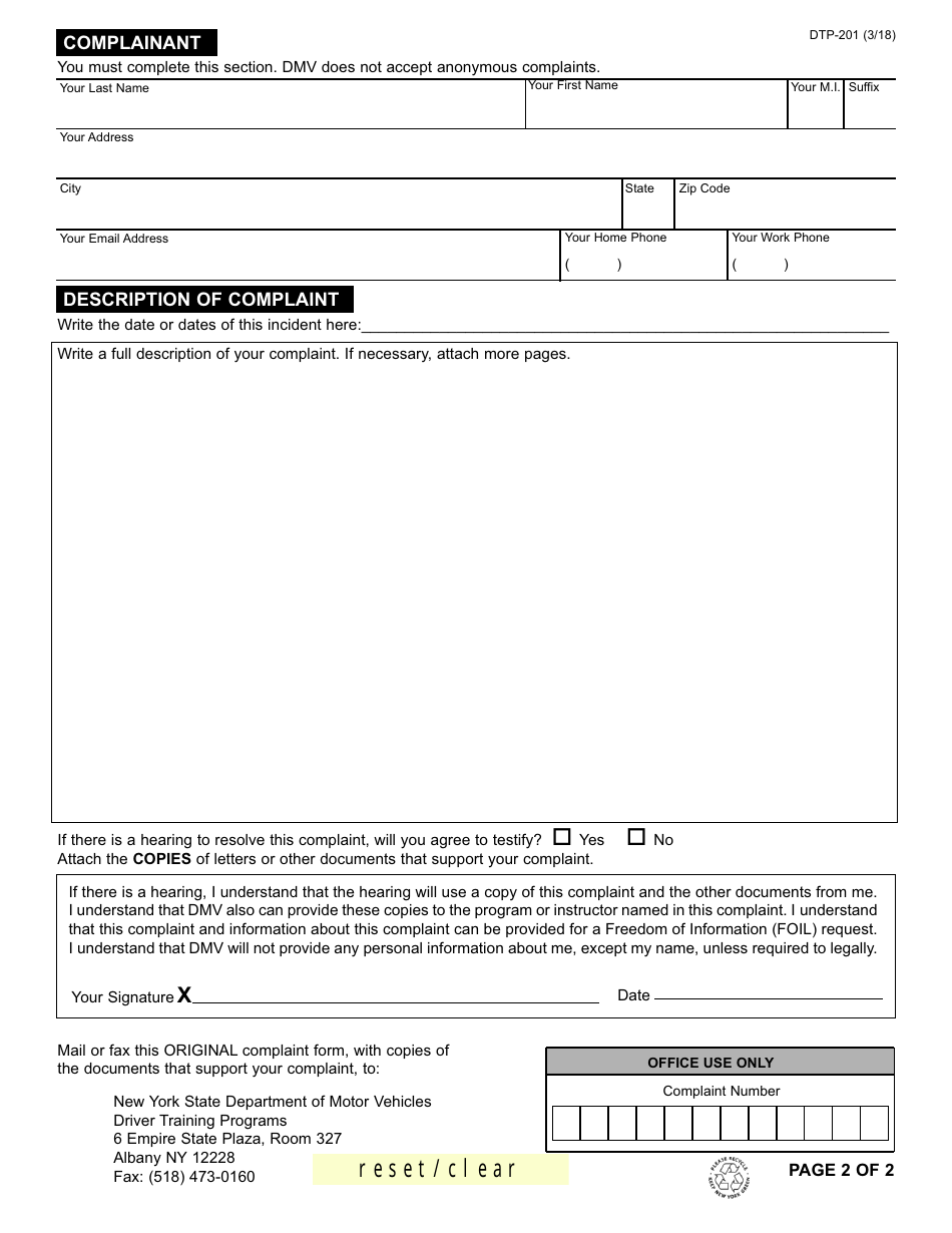 Form DTP-201 Driver Training Programs Complaint Form - New York, Page 2
