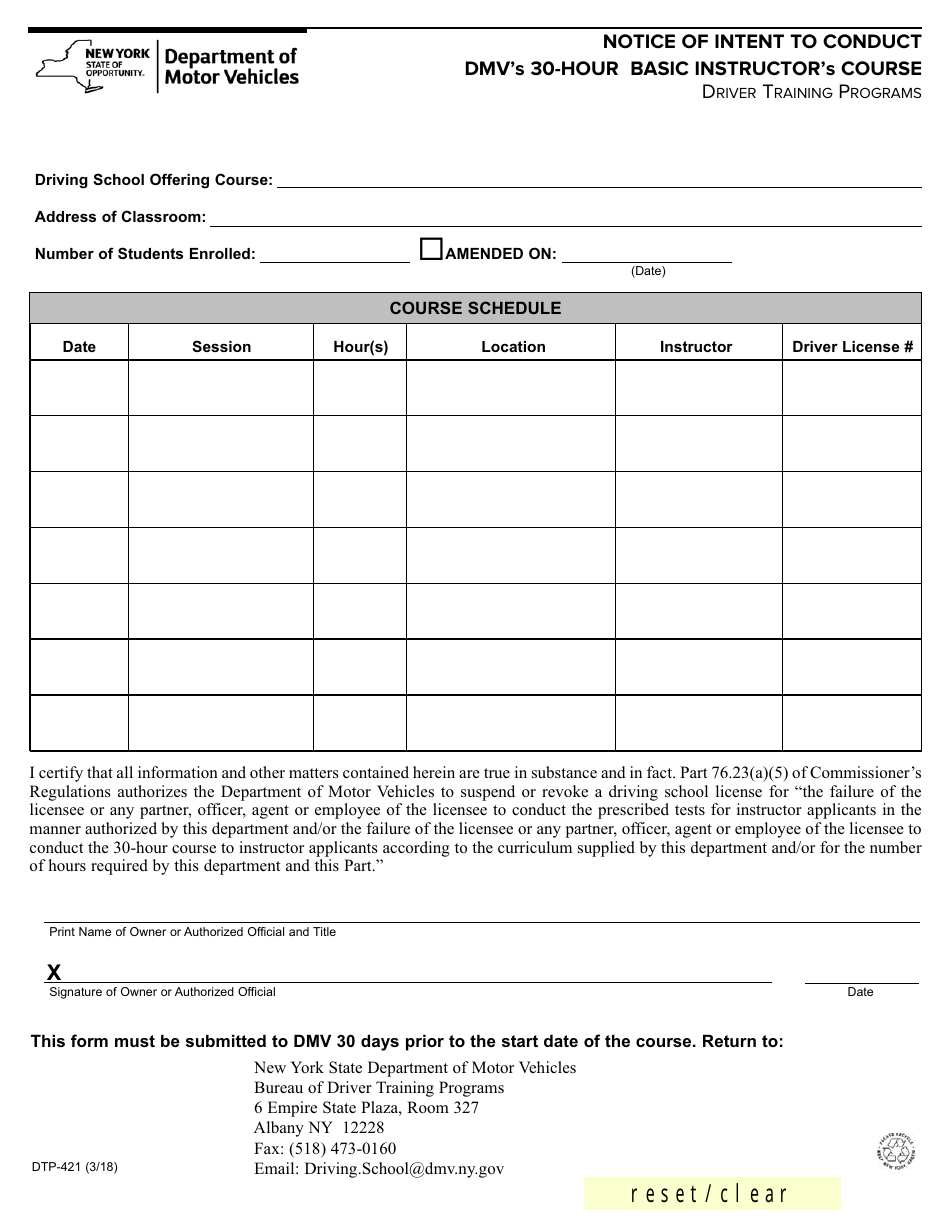 Form DTP-421 Notice of Intent to Conduct DMVs 30-hour Basic Instructors Course - New York, Page 1