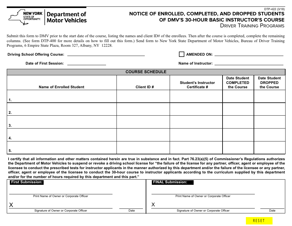 Form DTP-422 Notice of Enrolled, Completed, and Dropped Students of DMVs 30-hour Basic Instructors Course - New York, Page 1