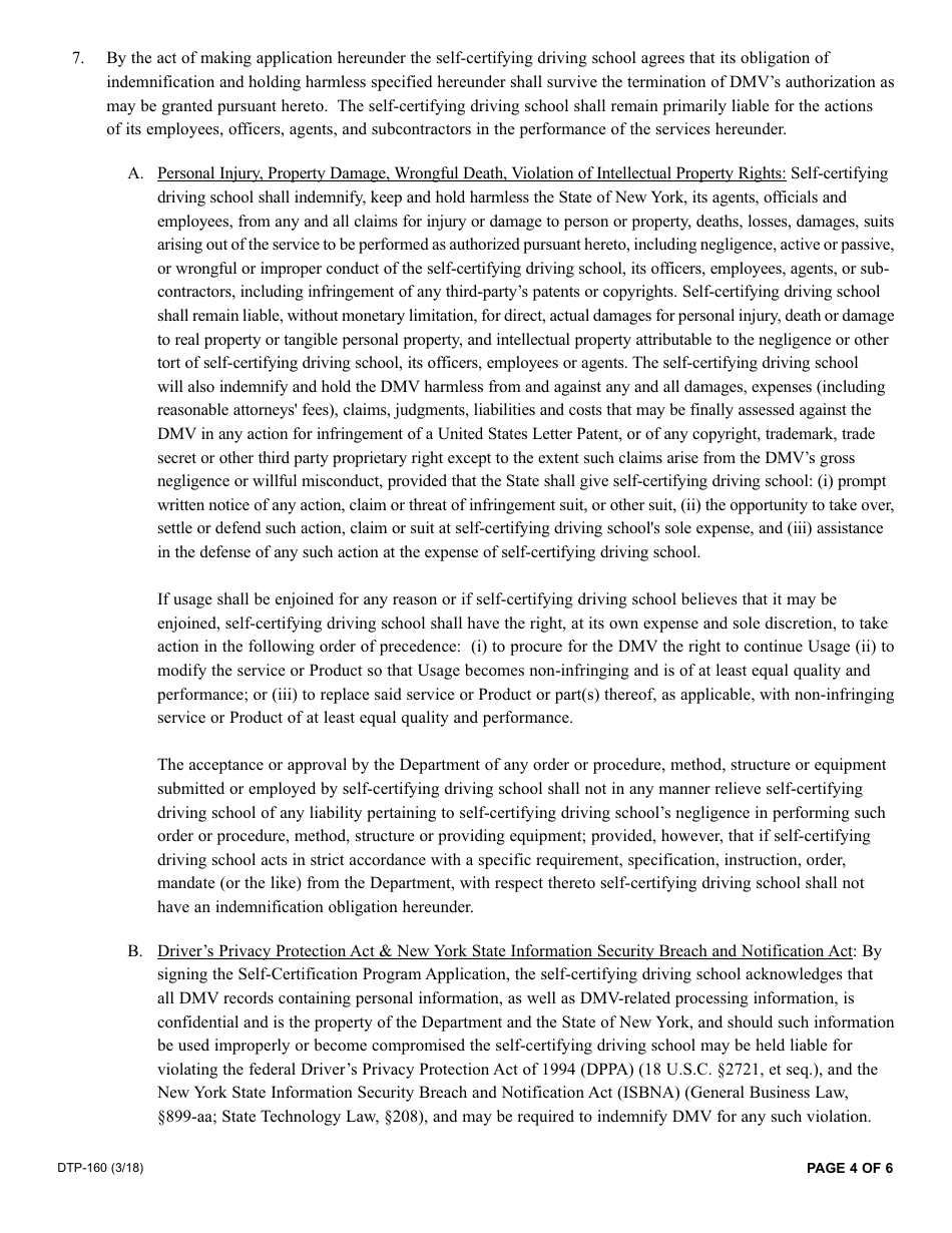 Form DTP-160 Driving School Application for Self-certification Program - New York, Page 4