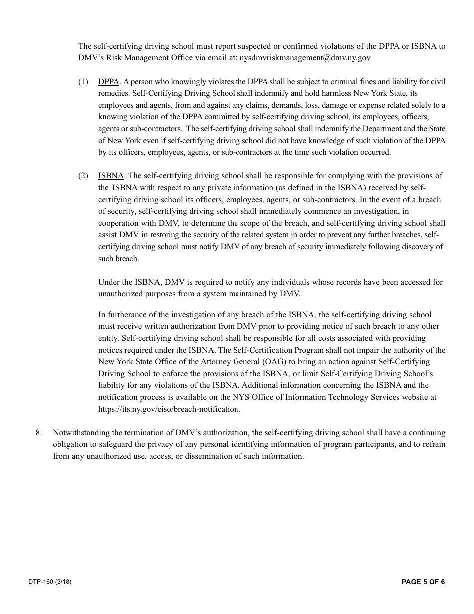 Form DTP-160 Driving School Application for Self-certification Program - New York, Page 5