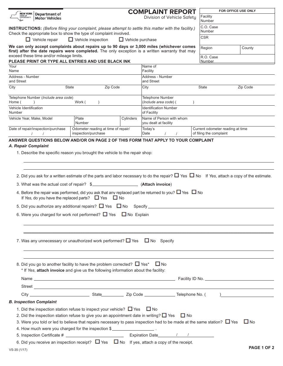Form VS-35 Complaint Report - New York, Page 1