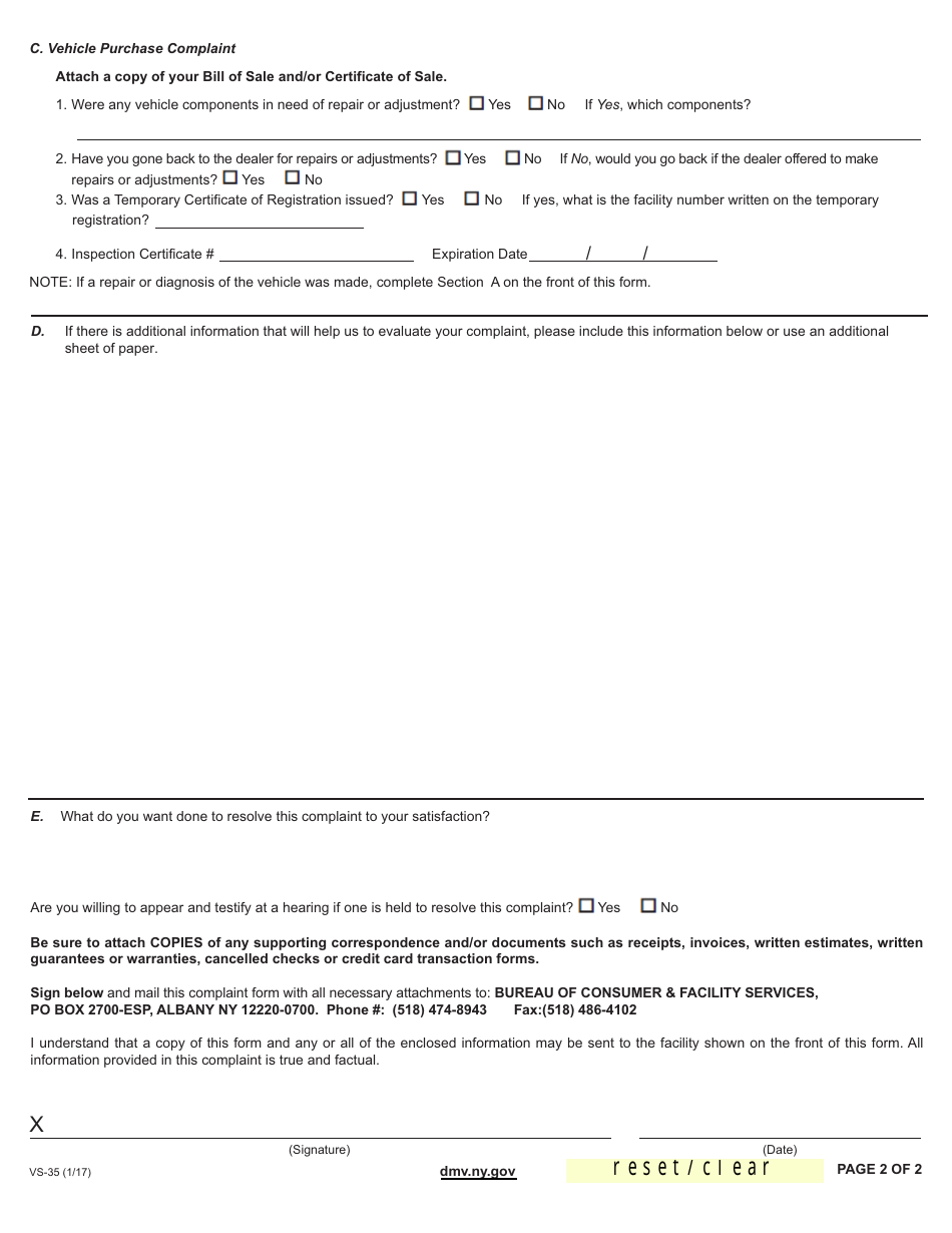Form VS-35 Complaint Report - New York, Page 2