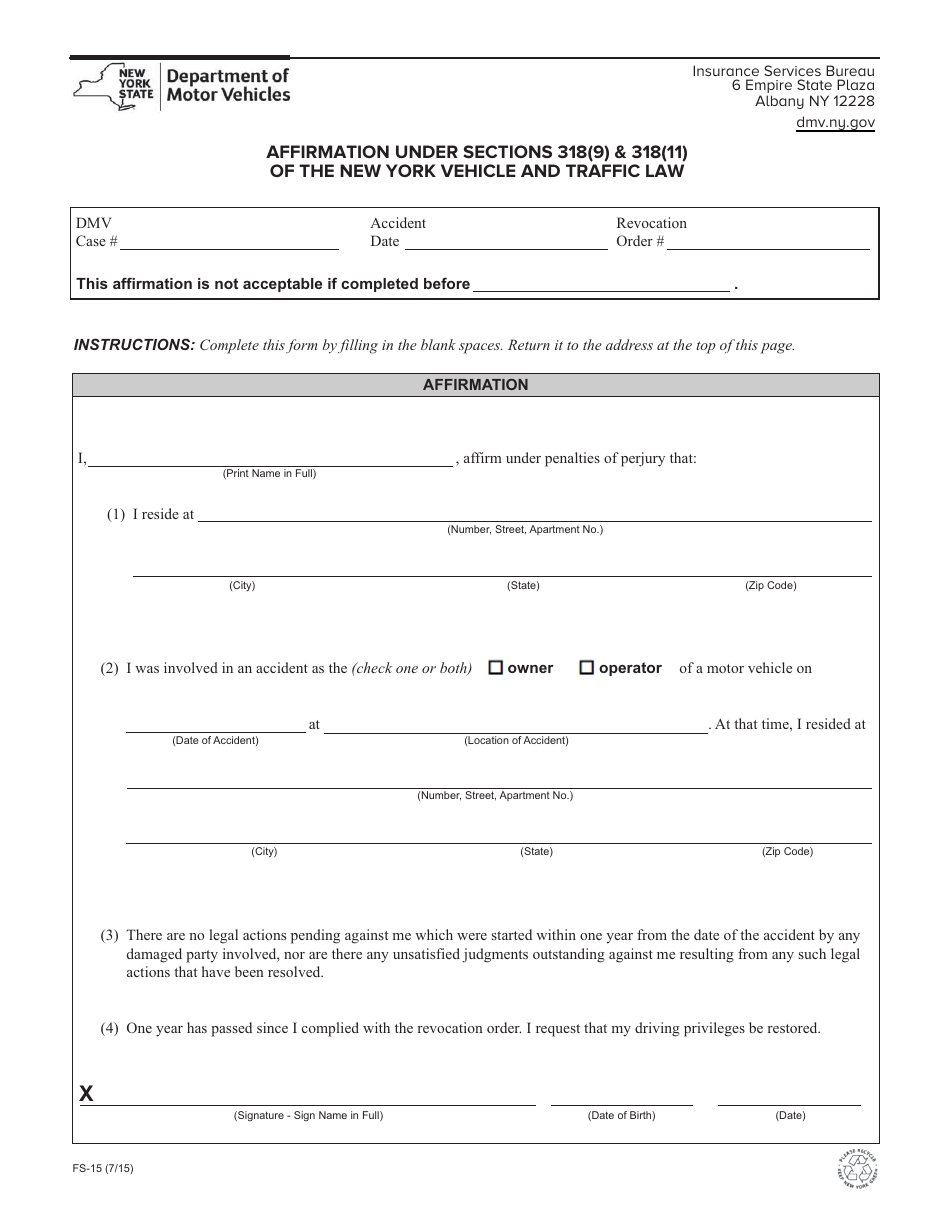 Form FS-15 Affirmation Under Section 318 (9) and 318 (11) of the New York Vehicle and Traffic Law - New York, Page 1