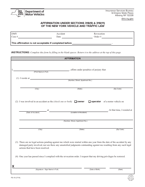 Form FS-15 Download Fillable PDF, Affirmation Under Section 318 (9) and 318 (11) of ...