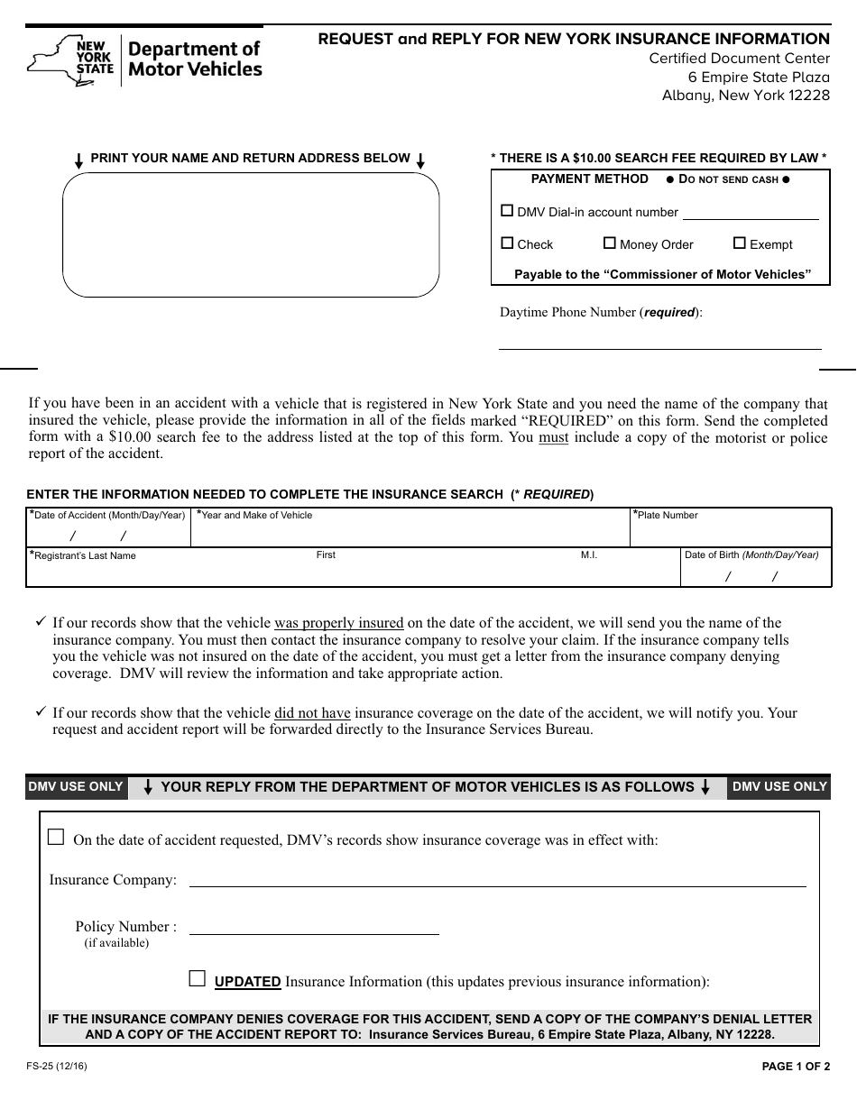 Form FS-25 Request and Reply for New York Insurance Information - New York, Page 1