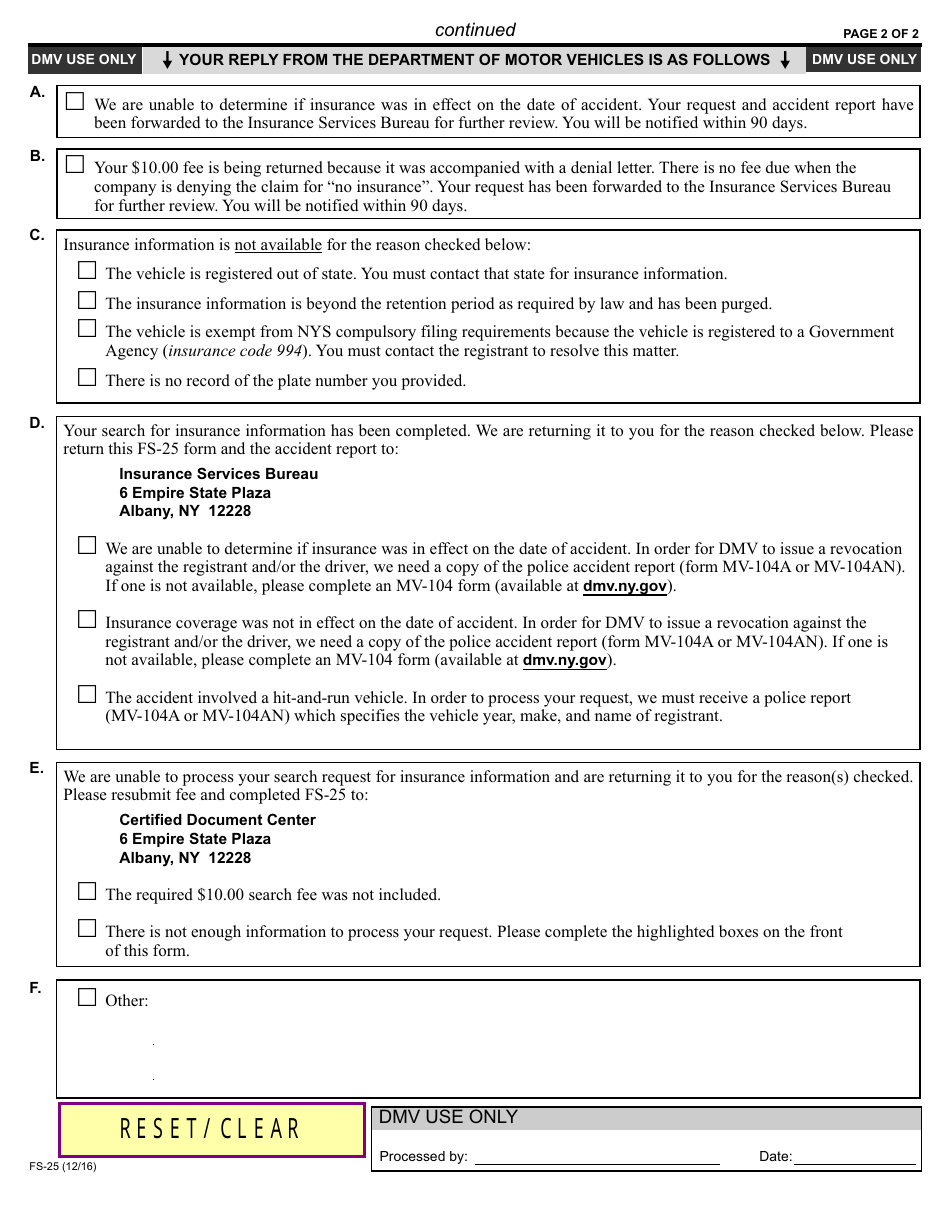 Form FS-25 Request and Reply for New York Insurance Information - New York, Page 2