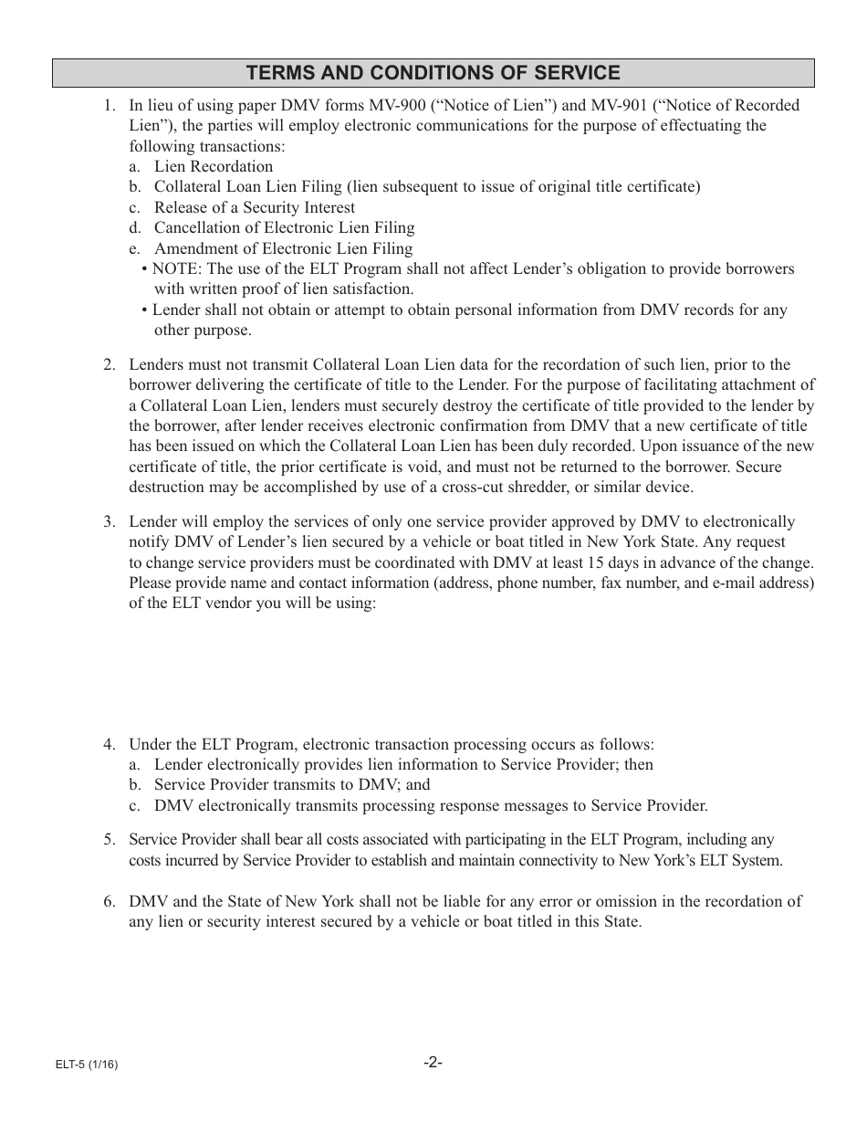 Form ELT-5 Lender Application for Participation in the Electronic Lien Transfer Program - New York, Page 2