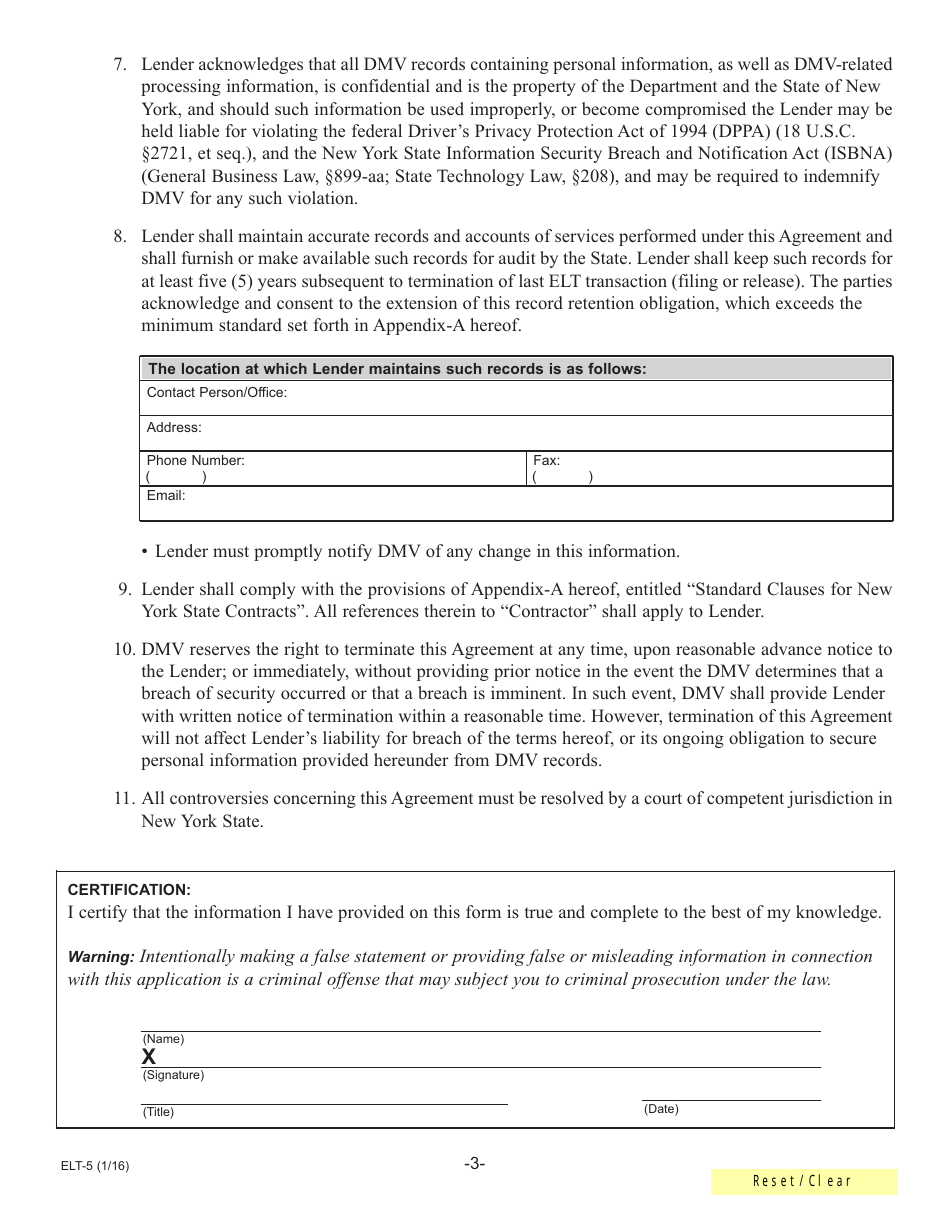 Form ELT-5 Lender Application for Participation in the Electronic Lien Transfer Program - New York, Page 3