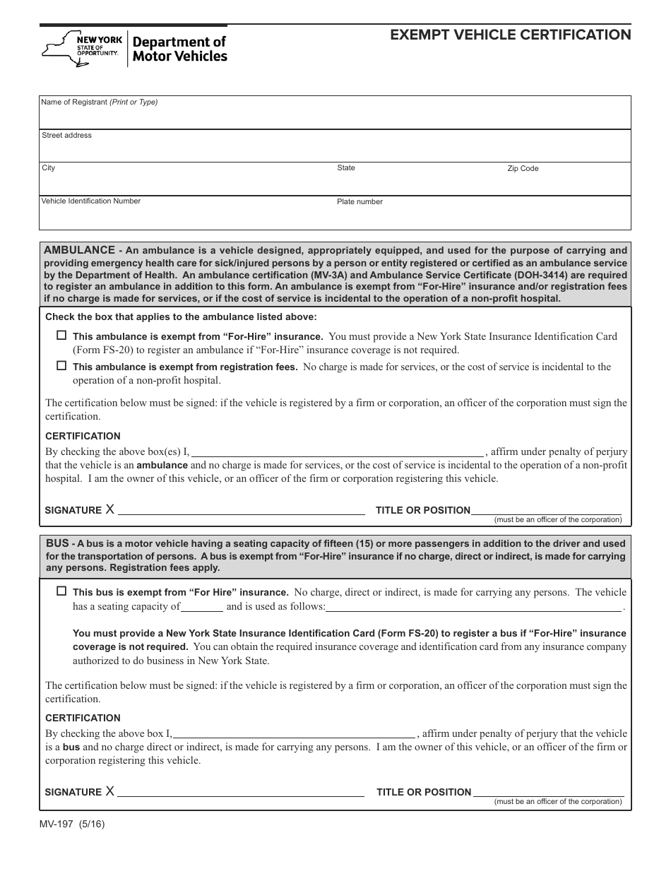 Form MV-197 Exempt Vehicle Certification - New York, Page 1