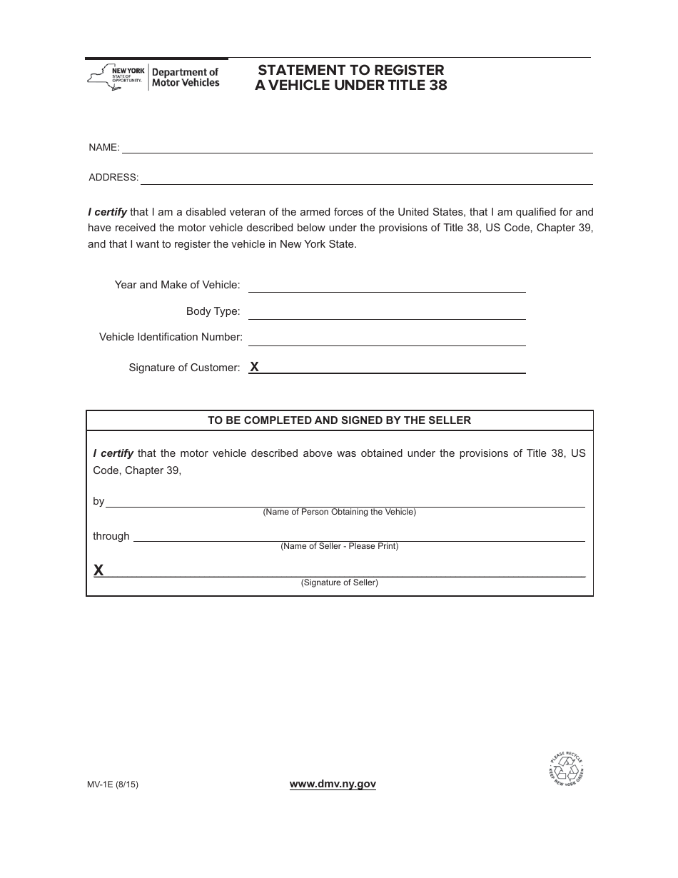 Form MV-1E Statement to Register a Vehicle Under Title 38 - New York, Page 1