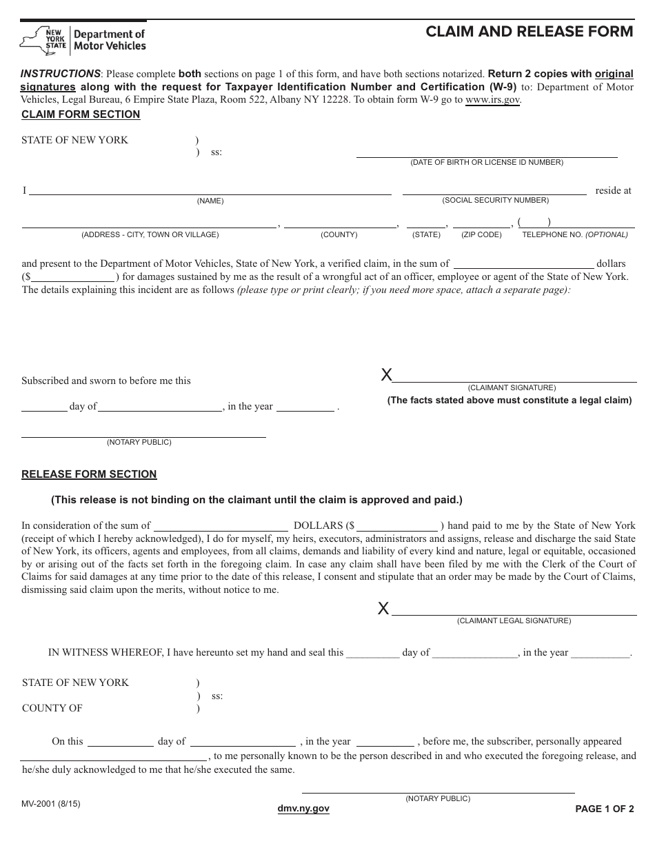 Form Mv-2001 - Fill Out, Sign Online And Download Fillable Pdf, New 