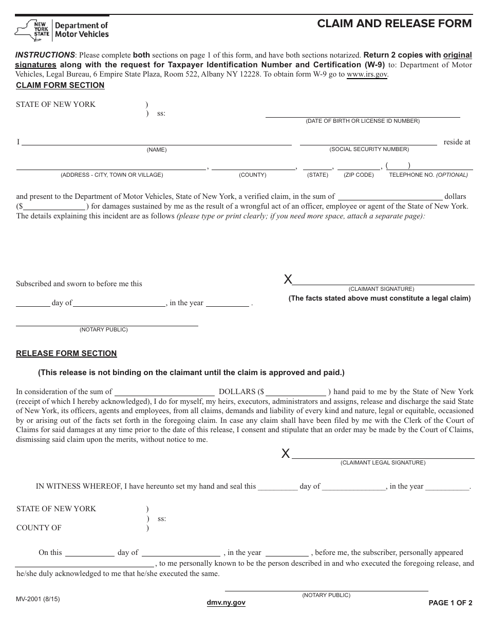 Form MV-2001 Claim and Release Form - New York, Page 1