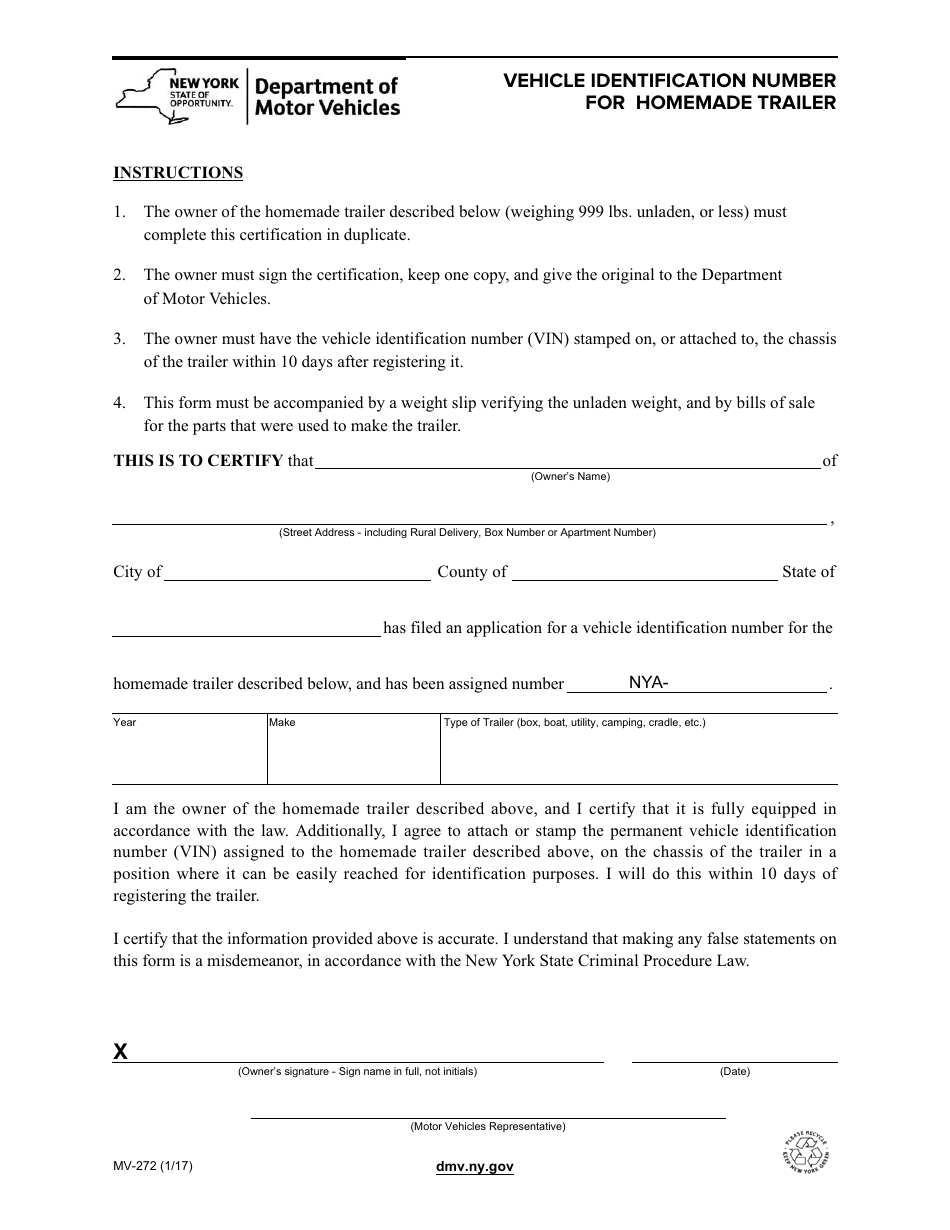 Form MV-272 Vehicle Identification Number for Homemade Trailer - New York, Page 1