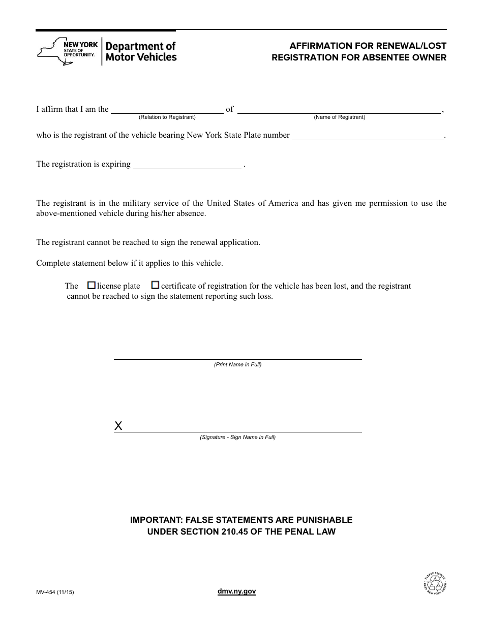 Form MV-454 Affirmation for Renewal of Registration for Absentee Owner - New York, Page 1