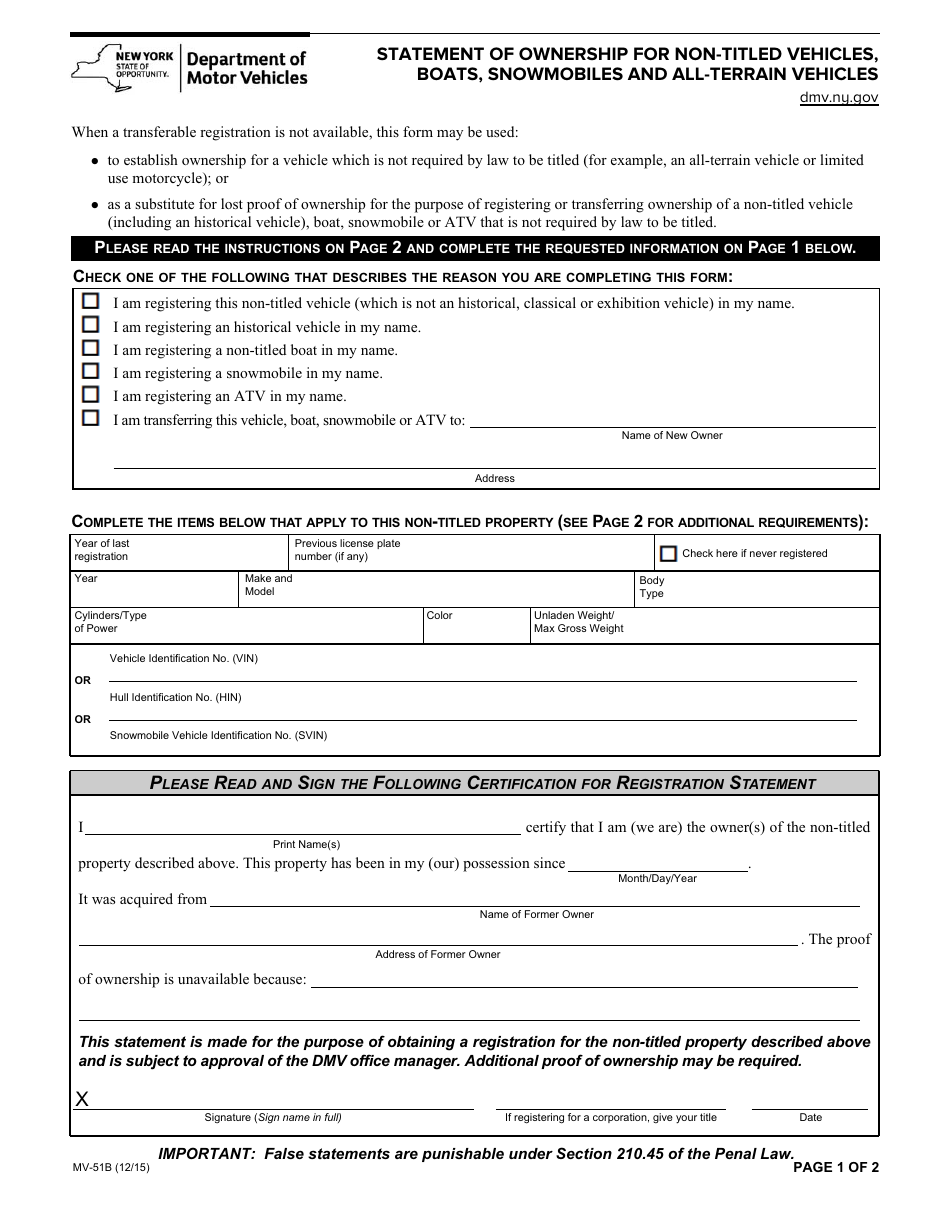 Form MV-51B Statement of Ownership for Non-titled Vehicles, Boats, Snowmobiles and All-terrain Vehicles - New York, Page 1