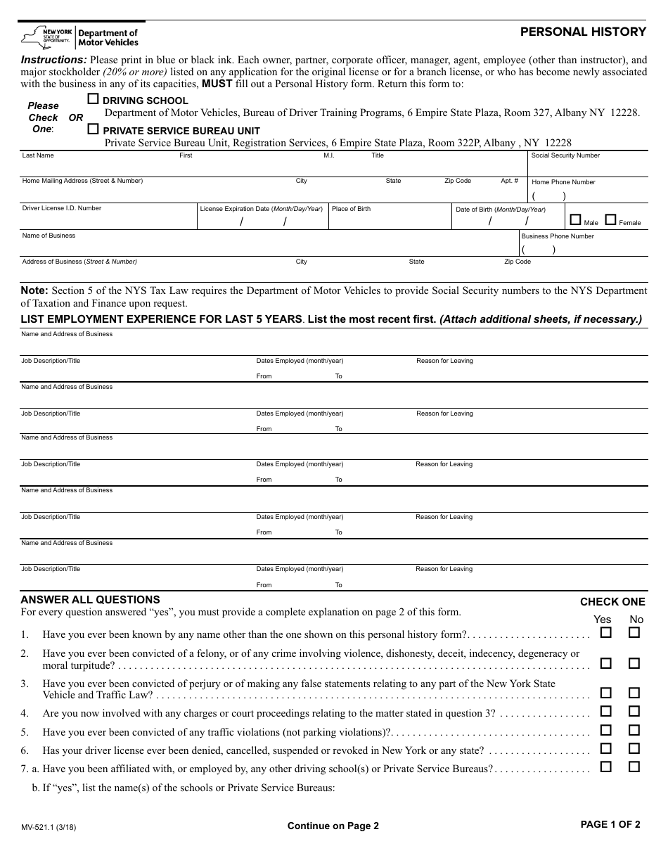Form MV-321.1 Personal History - New York, Page 1
