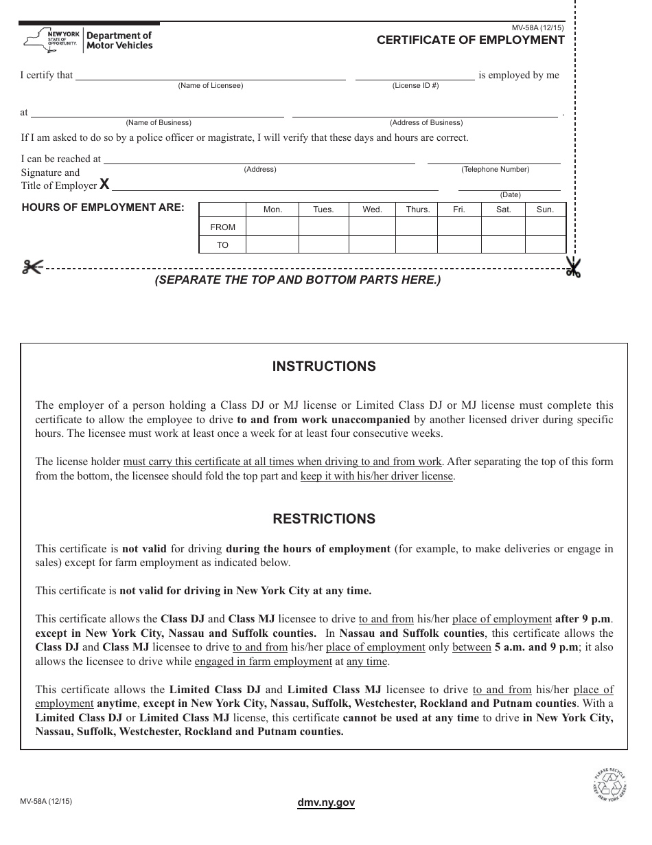 Form MV-58A Certificate of Employment - New York, Page 1