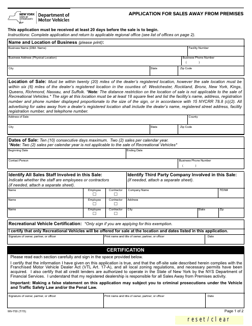 Form MV-700 Application for Sales Away From Premises - New York