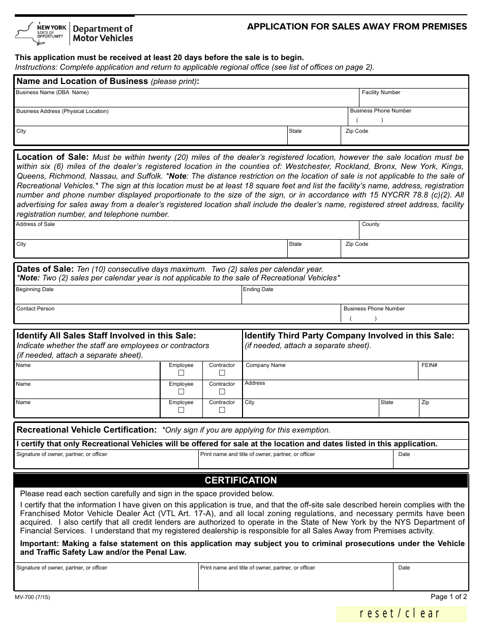 Form MV-700 Application for Sales Away From Premises - New York, Page 1