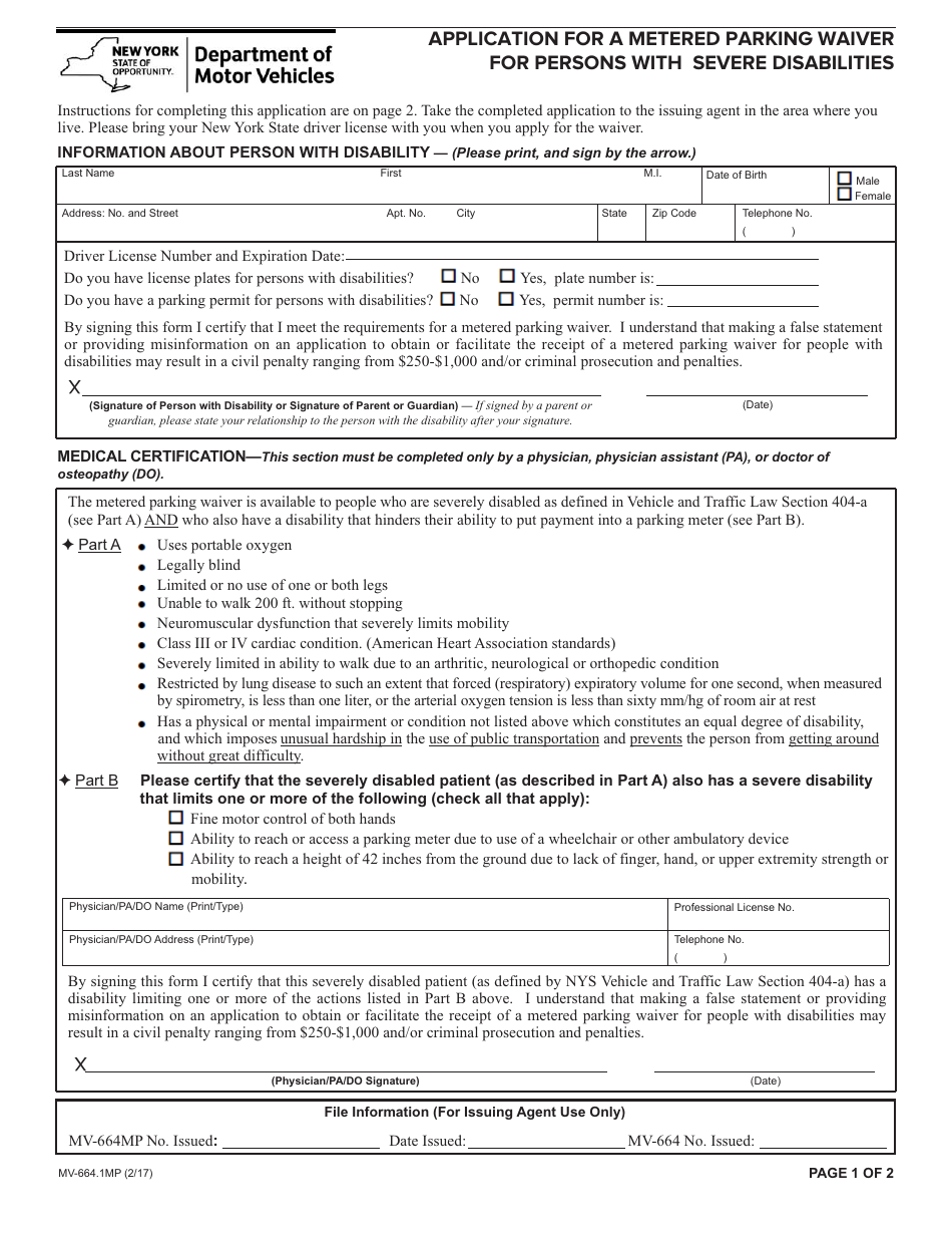 Form MV-664.1MP Application for a Metered Parking Waiver for Persons With Severe Disabilities - New York, Page 1