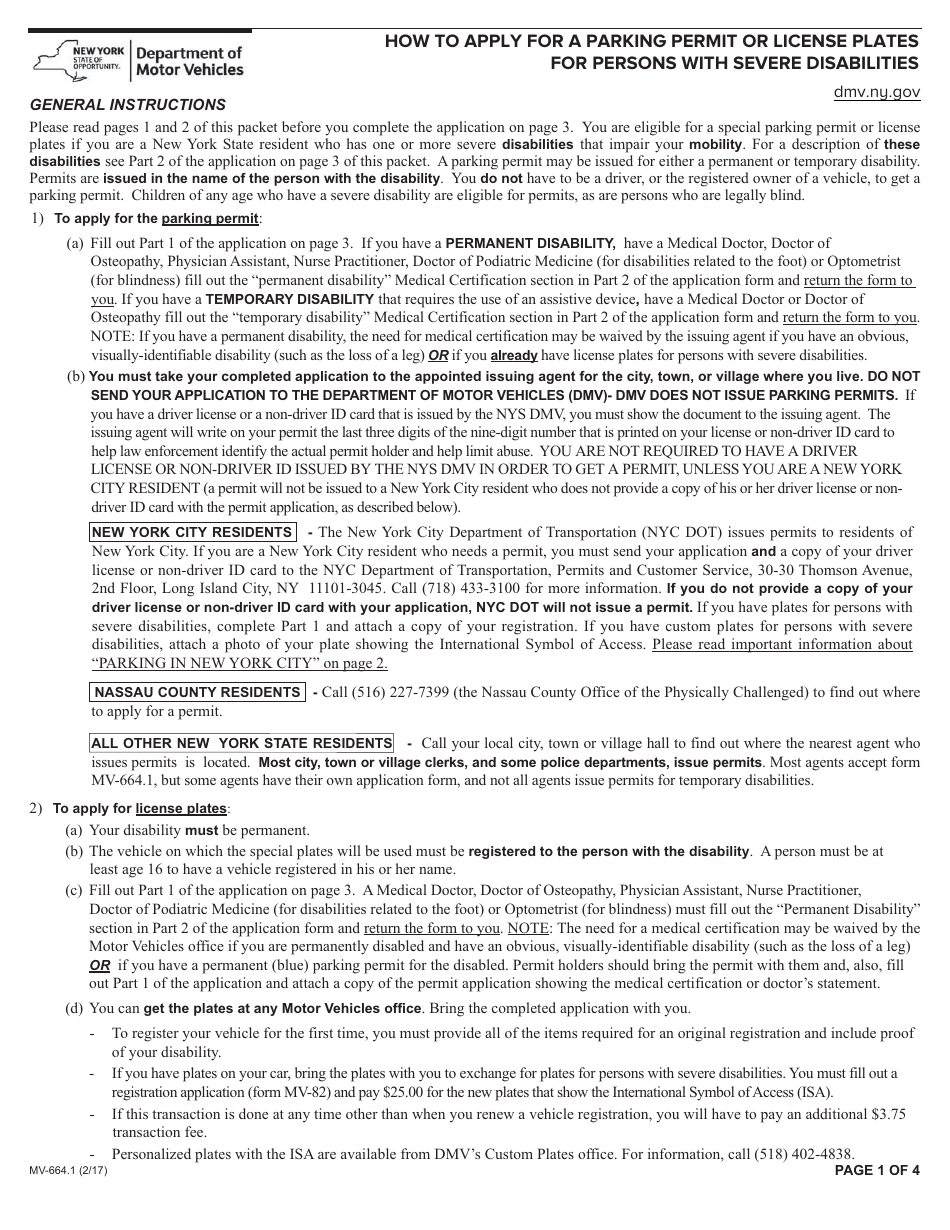 Form MV-664.1 Application for License Plates or Parking Permits for People With Severe Disabilities - New York, Page 1
