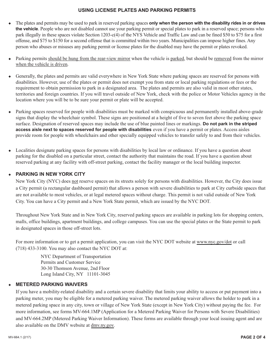 Form MV-664.1 Application for License Plates or Parking Permits for People With Severe Disabilities - New York, Page 2