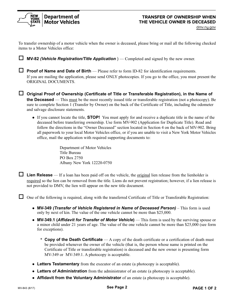 Form MV-843 Transfer of Ownership When the Vehicle Owner Is Deceased - New York, Page 1