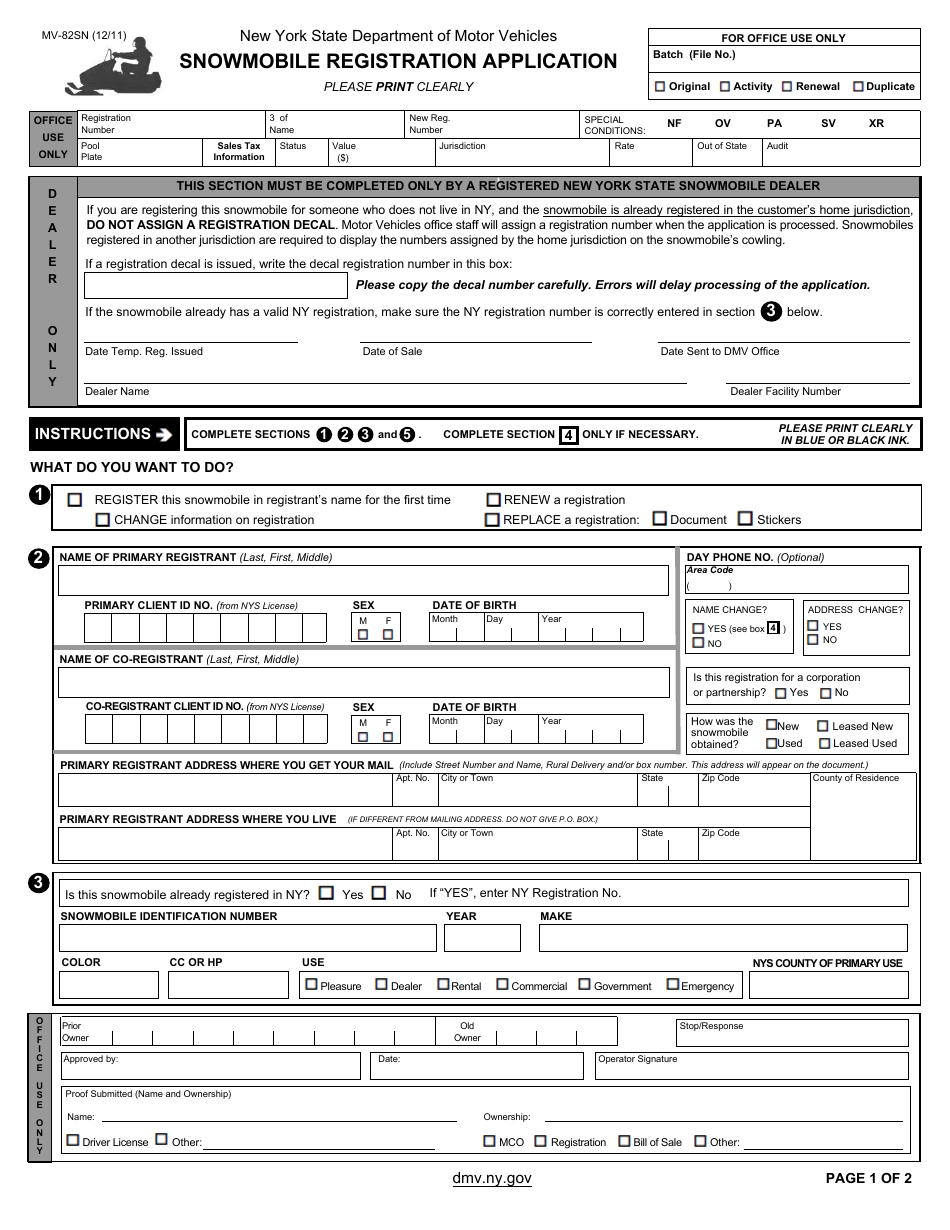 Form MV-82sn Snowmobile Registration Application - New York, Page 1
