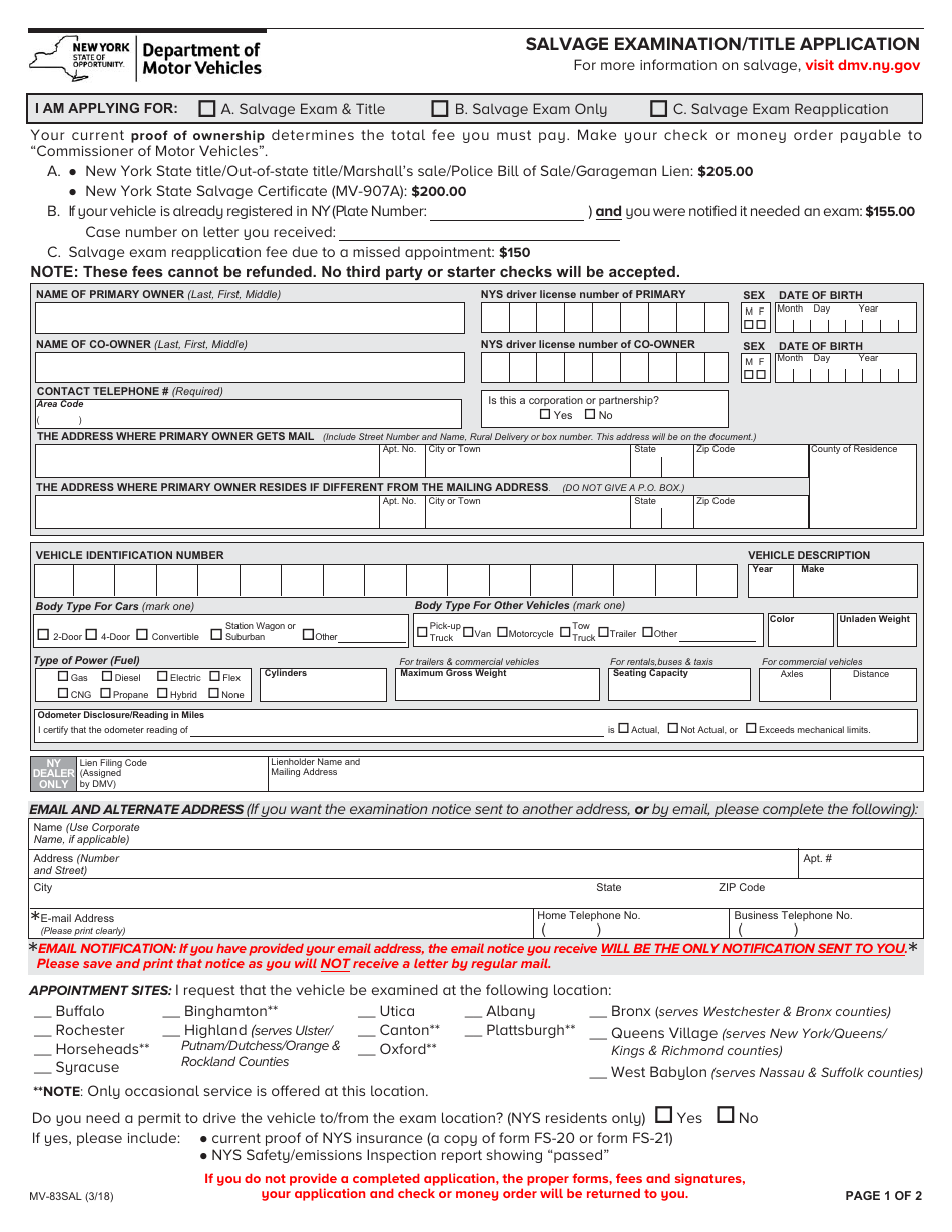 Form MV-83sal Salvage Examination / Title Application - New York, Page 1