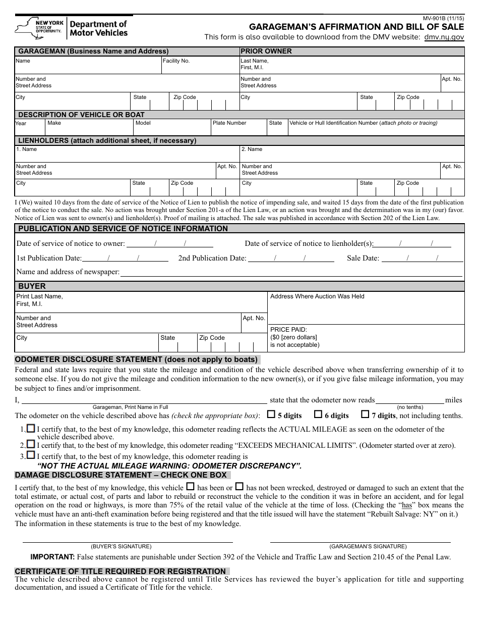 Form MV-901B Garagemans Affirmation and Bill of Sale - New York, Page 1