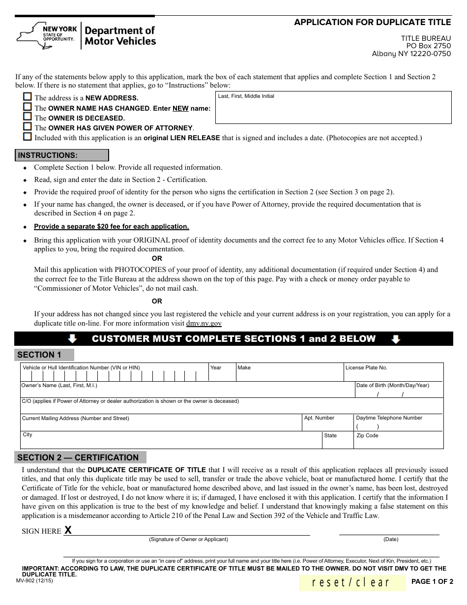 Form MV-902 Application for Duplicate Certificate of Title - New York, Page 1