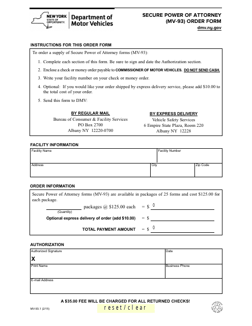 Form MV-93.1 Secure Power of Attorney Order Form - New York