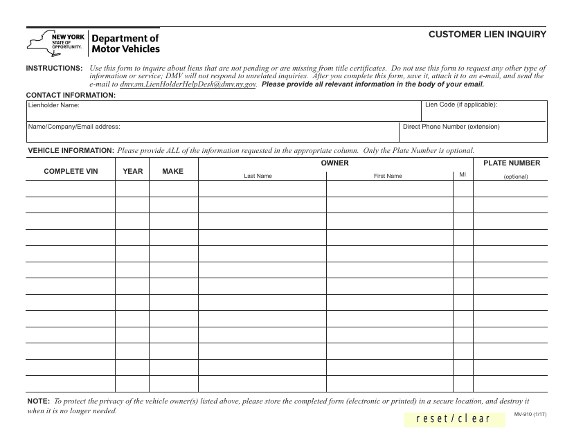 Form MV-910  Printable Pdf