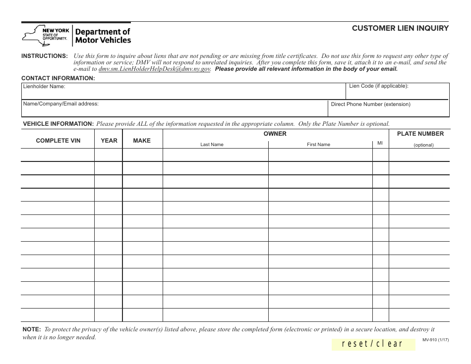 Form Mv 910 Fill Out Sign Online And Download Fillable Pdf New York