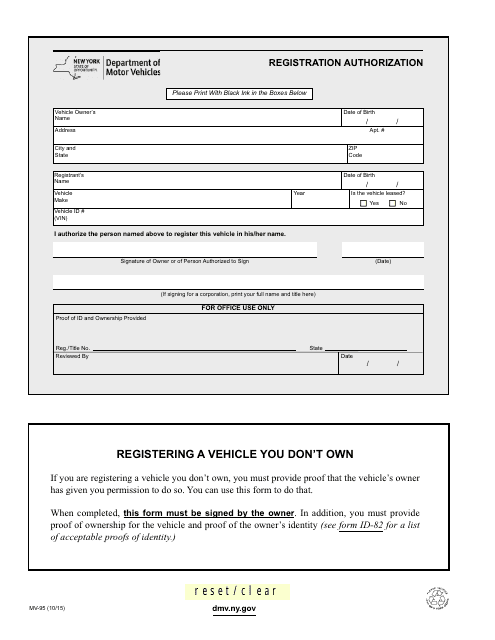 Form MV-95 Registration Authorization - New York